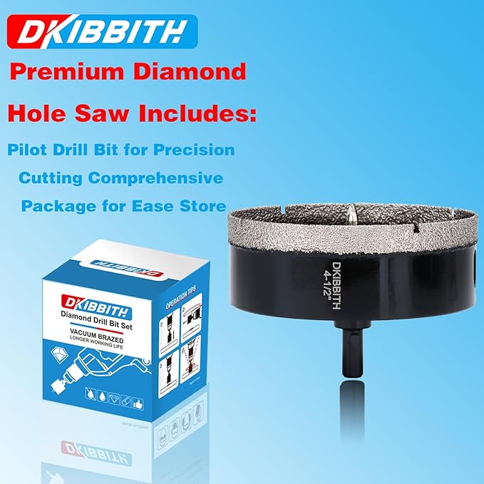 4-1/2" Diamond Hole-Saw Bits with Pilot Drill Bit 4-1/2 in Diamond Tipped Tile Hole Saws with Guiding Bit for Accurate Drilling, for Porcelain Tile Ceramic Pottery Granite Stone Glass Bottles 115mm