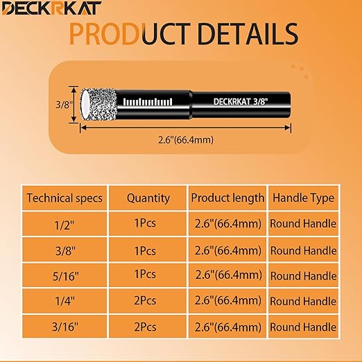 7 Piece Diamond Drill Bits Set, Core Drill Bits for Hard Materials - Tiles Ceramics Glass Stones ??Built in Coolant, Fast Dry Drilling - Sizes 3/16" 1/4" 5/16" 3/8" 1/2" - Round Shank, Storage Case