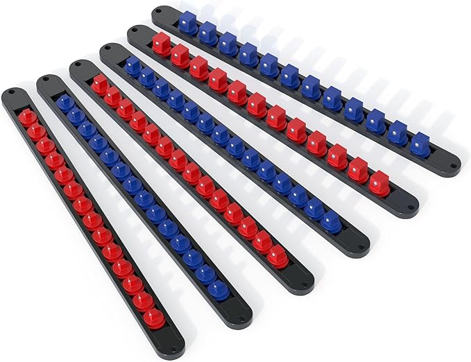 FIVEPEARS 6PCS 360째 Socket Organizer Twist Lock,3/8 1/4 1/2 Socket Storage Rails, Premium Quality Socket Holders for Tool Box 竊똖ool Carts竊똂ontains up to 80 Clips (Blue & Red)
