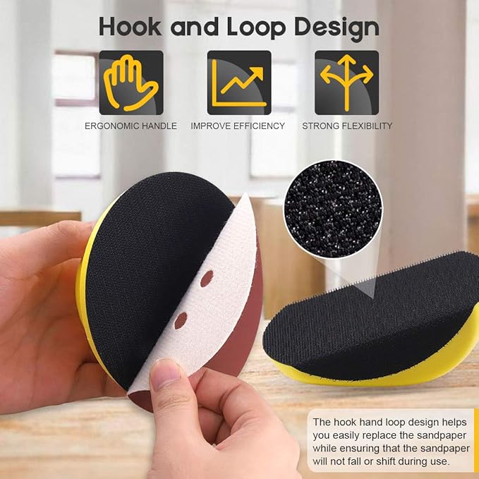 Glarks 62Pcs 5 Inch Hand Sanding Blocks Round and Mouse Hand Sanding pad with 60Pcs 8 Hole Hook and Loop Sanding Disc Set for Woodworking, Furniture Restoration, Home and Automotive Body