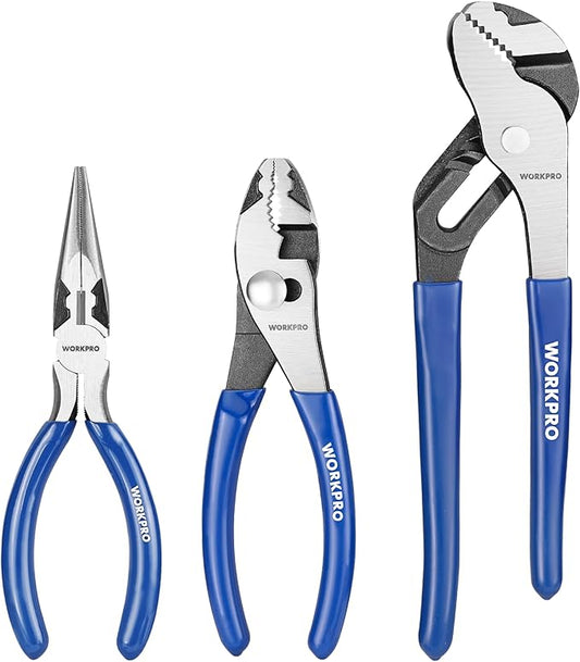 WORKPRO Pliers Set, 3-Piece Plier Tool Set with Soft Handle, 6" Needle Nose, 6" Slip Joint, 8" Groove Joint Plier for DIY & Home Use