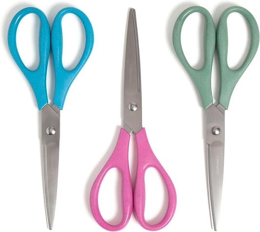 U Brands U-Eco 8" Scissors for Office, Assorted Brights, Patented Concave Blade Technology, Craft Scissor Set, Pack of Scissors for Gift Wrapping and Crafting, Set of 3 (6607U01-24)