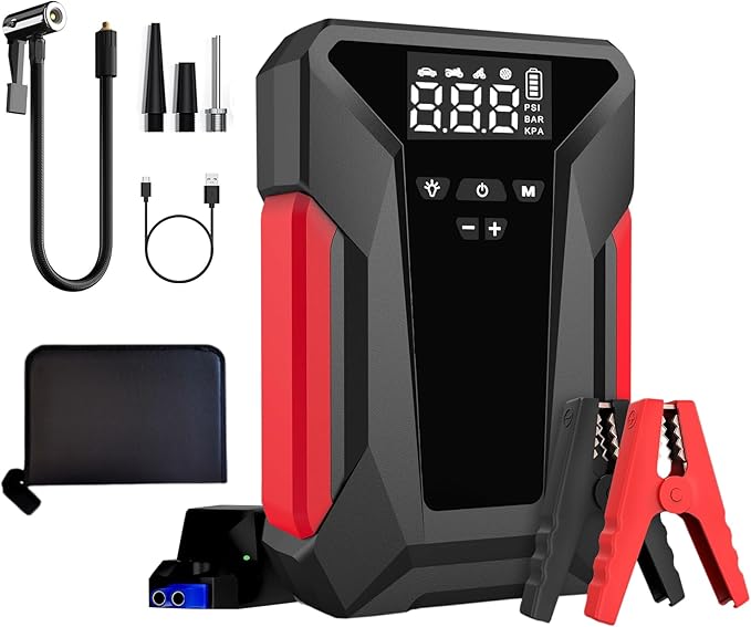 Car Jump Starter with Air Compressor, 4000A Portable Car Battery Jump Starter (8L Gas/6L Diesel), 12V Battery Charger Booster,150PSI Auto-Shutoff Tire Inflator, Portable Jumper Cables