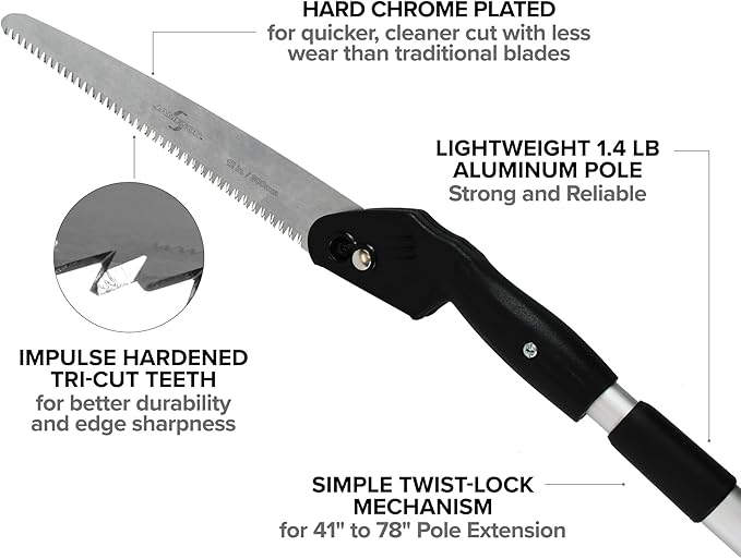 Jameson Barracuda Telescoping Pole Saw - Extendable from 41" to 68", Lightweight, Secure Lock, Tri-Cut Chrome-Plated Foldable Blade - Ideal for Precision Cutting