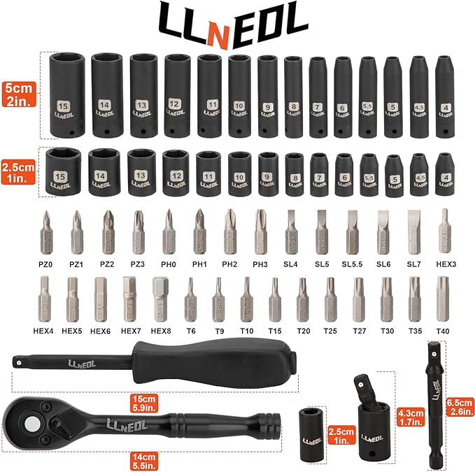 1/4 inch Impact Socket Set, 63 Piece Drive Socket Wrench Set Metric (4-15mm) Deep and Shallow 6 Point, Automotive Tool Kit with 72T Ratchet for Bicycle & Car Repairing