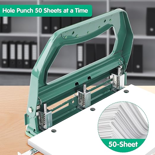 AFMAT 3 Hole Punch Heavy Duty, 9/32" Holes, 50-Sheet Hole Puncher 3 Ring, 50% Reduced Effort, Adjustable Two & Three Hole Punch, Metal Paper Puncher w/Large Chip Tray, Metal Paper Guide, Green, HP18