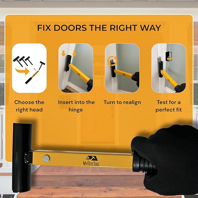 MyRiteTool Door Hinge Adjustment Tool Kit. 4-in-1 Precision Hinge Gap Wrench for Door Alignment, Sagging Door Repair & Installation, Reinforced Steel, Adjustable Handle Length, Gloves + Storage Case