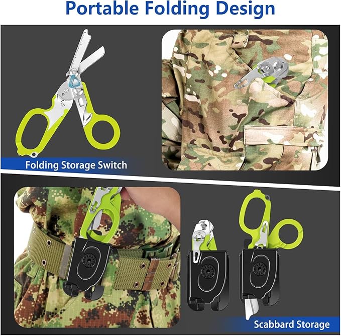 6 In 1 Multi-function Trauma Shears Foldable with Compatible Holster and Penlights,Emergency Trauma Shears with Strap Cutter and Glass Breaker for Outdoor Medical Scissors Tools Green