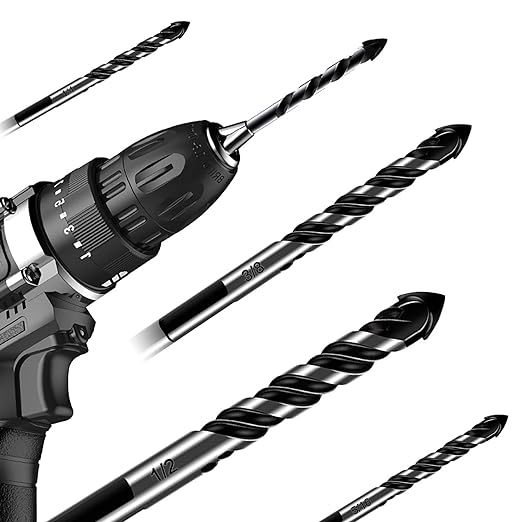 5-Piece 3/8??Masonry Drill Bits for Tile Glass Ceramic Wall Brick Stone Soft-Metal Wood, 3/8 Inch Concrete Drill Bits Cement Drill Bit Set, 3-Flat Shank, YG8 Carbide Tungsten Steel Alloy Tip 10mm