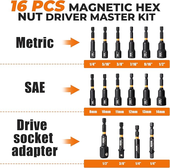 MulWark Magnetic Nut Driver Set 16 pcs Impact Driver Bit Set - Deep 1/4??Hex Shank Drill Bit Set - Impact Socket Adapters - Bit Extension Quick Change Torx Bit Set ??Christmas Tool Gift