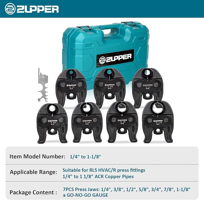 ZUPPER 7PCS Compact Press Jaws Kit 1/4" to 1 1/8" for RLS ACR Copper Pipes Compatible with Compact Pro Press Tool (24 kN/5,400 lbs) Suitable for HVAC/R, Refrigeration Pressing Tools