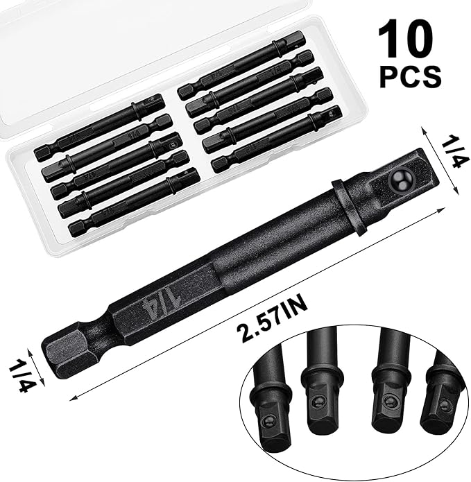 Impact Adapter Square Socket for Drills Extension Driver Bits Hex Impact Socket Adapter for Automotive DIY(1/4 Inch Square Tip,Black)