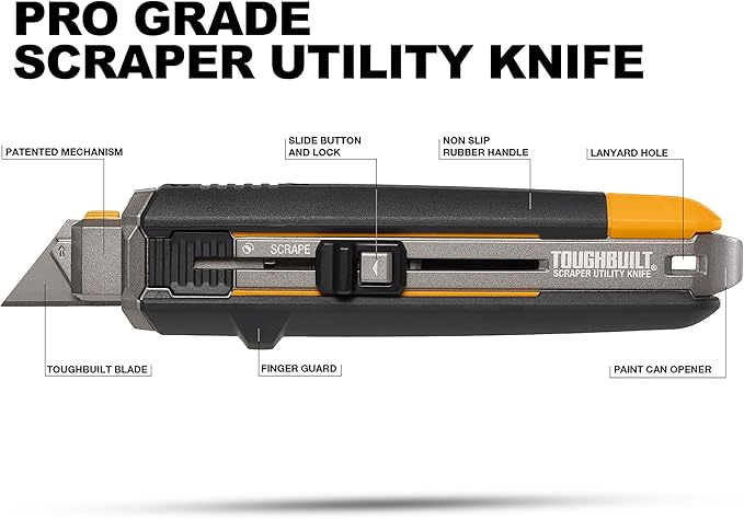 ToughBuilt ??Scraper Utility Knife with 5 Blades, Heavy-Duty Folding Utility Knife with Integrated Scraper Edge, Quick-Change Blade System & All-Metal Construction (TB-H4S5-01)
