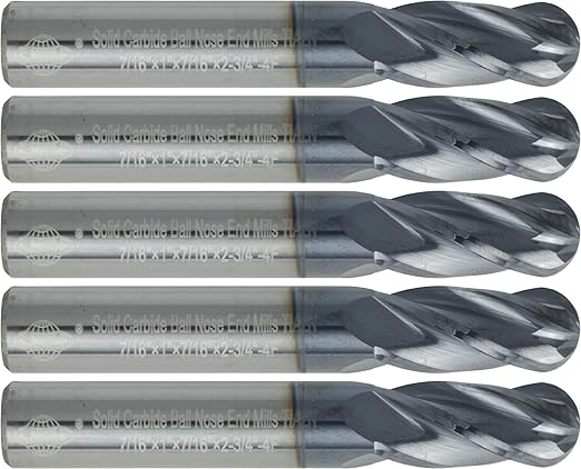 CME 5 pcs Micrograin Carbide End Mills, Ball Nose, TiAlN Coated, 7/16" Mill Diameter, 1" Length of Cut, 2 3/4" Overall Length, 4 Flute, Center Cutting