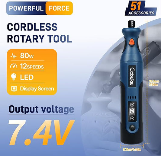 Cordless Rotary Tool Kit Mini, 7.4V 12-Speed Power USB Rechargeable, for 3D Printer Sanding, Jewelry Making, Wood Carving, Polishing, Drilling DIY Crafts with 51 Accessories