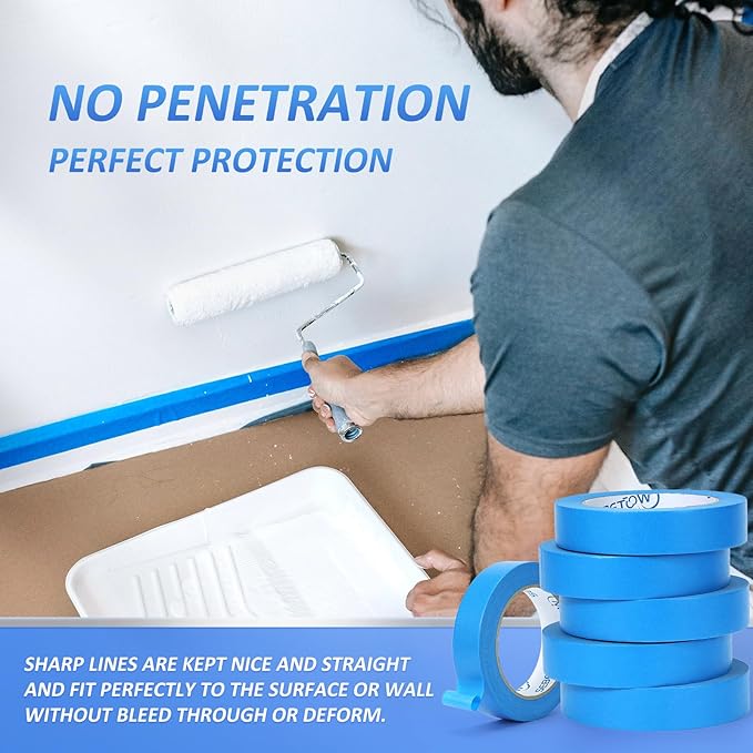10 Rolls Painters Tape 1 inch Bulk Painter Tape Blue Wide Roll, Blue Masking Tape, 1 Inches x 55 Yards for General Purpose Wall Painting, Home Improvement