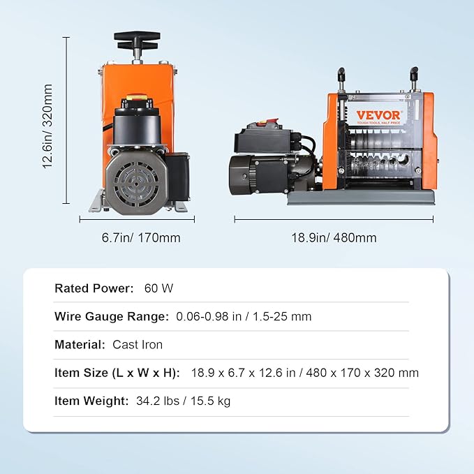 VEVOR Electric Wire Stripping Machine, 0.06''-0.98'' Automatic Wire Stripper Machine, 60 W, Wire Strip with Visible Stripping Depth Reference, 6 Round & 1 Flat Channels Electric Wire Stripper