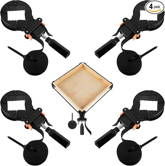 Feekoon 4 Packs 13 FT Belt Band Strap Clamps for Woodworking, Quick Release Band Clamps with 4 Corner Claws, Thick and Sturdy Belt Clamp, Adjustable Picture Frame Clamp Tool