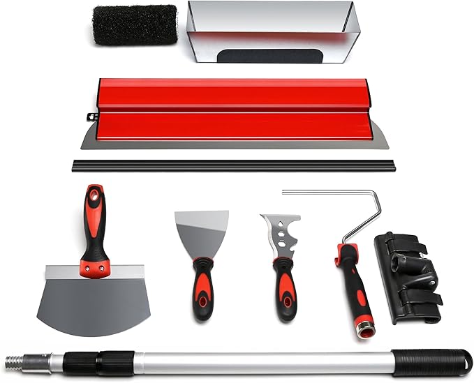 Ceeintee Drywall Skimming Blade Set, Include 24" Skimming Blade, 12" Mud Pan, 7" Drywall Compound Rollers, a Extension Handle and Three Drywall Tools for Drywall/Plaster/Wallboard