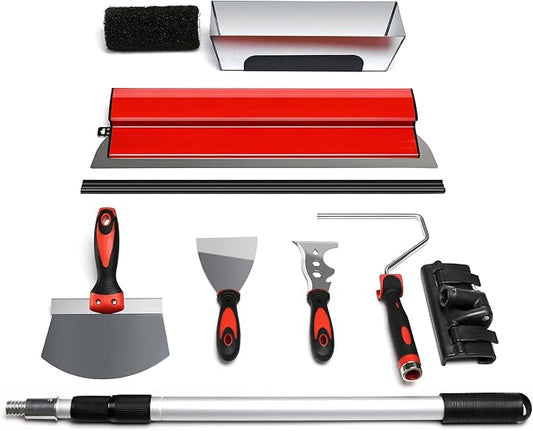 Ceeintee Drywall Skimming Blade Set, Include 24" Skimming Blade, 12" Mud Pan, 7" Drywall Compound Rollers, a Extension Handle and Three Drywall Tools for Drywall/Plaster/Wallboard