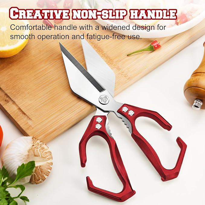 Multifunctional Heavy-Duty Kitchen Shears, High-Carbon Steel Culinary Shears, Heavy Duty Kitchen Scissors for Food with Ergonomic Handle for Chicken, Meat, Seafood (Red)