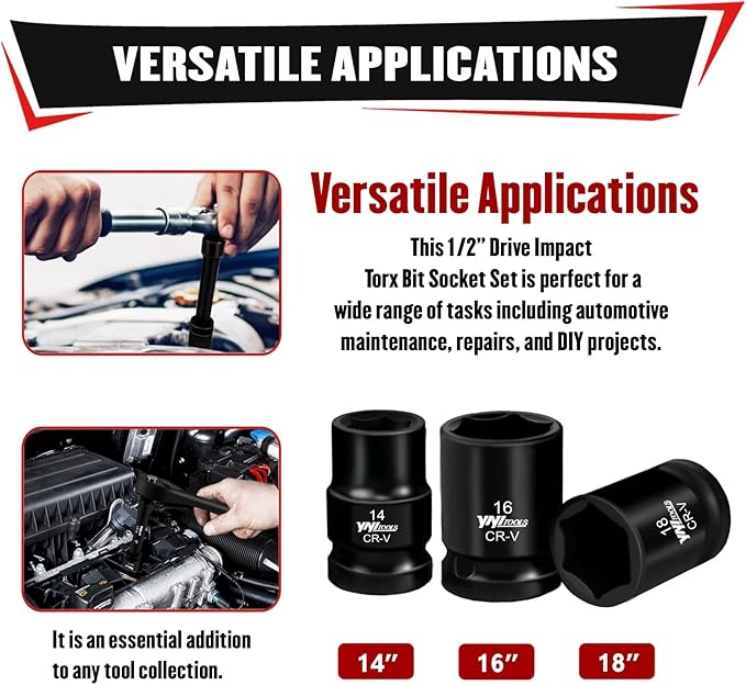 YIYITOOLS 17Pcs 1/2" Drive Shallow Impact Socket Set (8-24mm), Metric Socket Set, 6-Point, CR-V Steel for Automotive Maintenance, Repairs, and DIY Projects