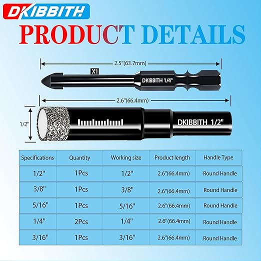 DKIBBITH 7 Pack Dry Diamond Drill Bits & Tile Drill Bits Set for Ceramic, Porcelain, Marble, Granite, Stone, Glass - Round Shank 3/16", 1/4"(x2), 5/16", 3/8", 1/2"+1 Pack Masonry Drill Bit 1/4"