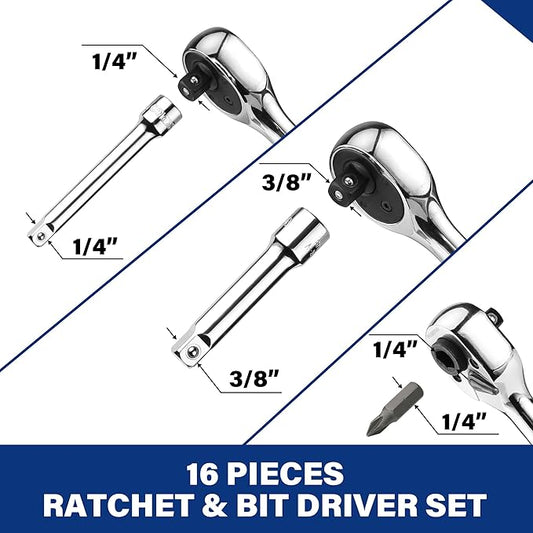 WORKPRO Stubby Ratchet & Bit Driver Set 16 PCS, 1/4", 3/8" Drive Ratchet Handle Wrench, 72-T Quick-Release Reversible Socket Wrench, 2 Socket Adapters, 2 Extension Bars, 10 PCS 1/4" Hex Bits