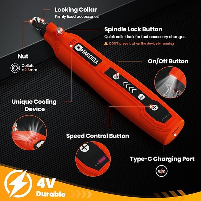HARDELL Cordless Rotary Tool, 5 Speed Rechargeable Engraving Pen - Electric Engraving Tool for 60+ Surfaces - Beginner Friendly with 37 Accessories, Ultimate Engraving Pen Kit for Artists & DIYers