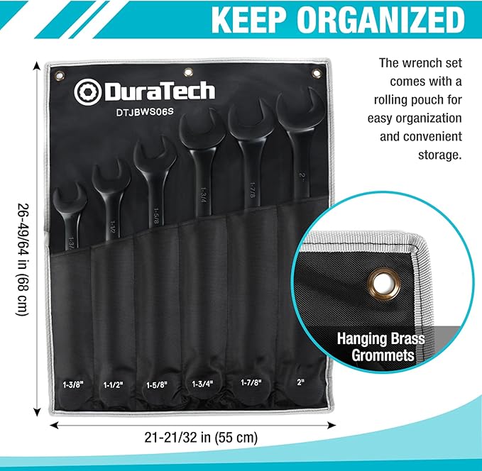 DURATECH Jumbo Combination Wrench Set, SAE, 6-piece, 1-3/8'' to 2'', CR-V Steel, Black Electrophoretic Coating, with Pouch