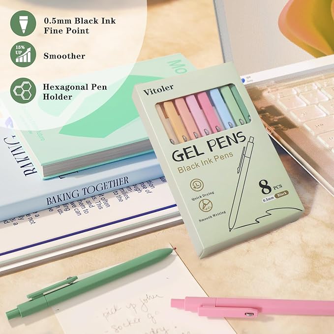 Vitoler Gel Pens, 8 pcs Cute Pens Black Ink, 0.5 mm Fine Point Smooth Writing Pen, Quick Drying Pen for Teacher Supplies, Stocking Stuffers for Nurses