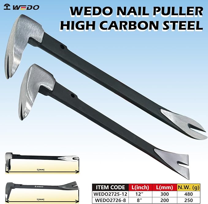 WEDO 2PCS Pry Bar Set,8" Flat Pry Bar and 12" Cat Paw Nail Puller,High Carbon Steel Crowbar,V Type Nail Remover,Utility Claw Bar Tool for Home Remolding,Woodworking
