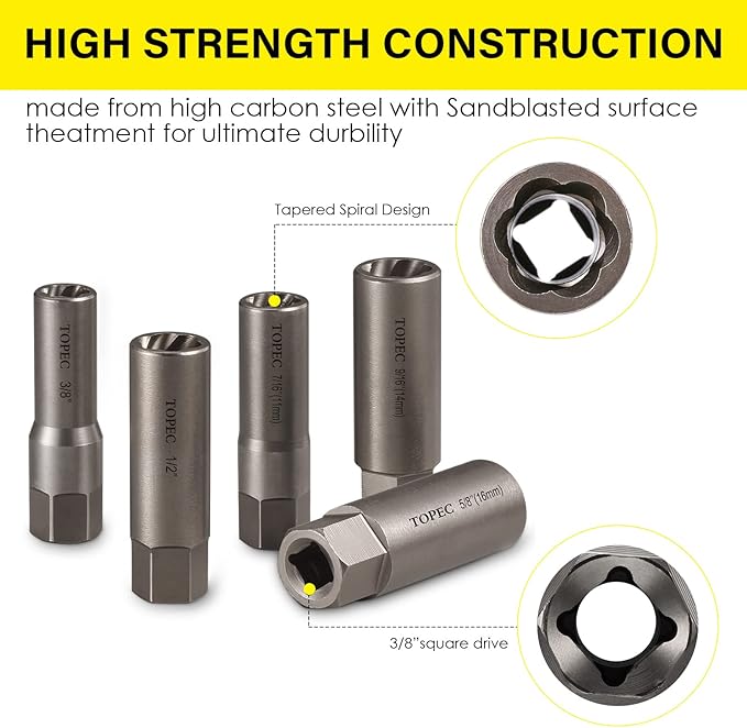 Topec 10-Piece Spiral Type Deep Bolt Extractor Set, Spark Plug Extraction Socket Set, Stripped Lug Nut Remover for Removing Broken, Damaged, Frozen, Rusted, or Rounded-Off Bolts, Nuts, Screws, Studs