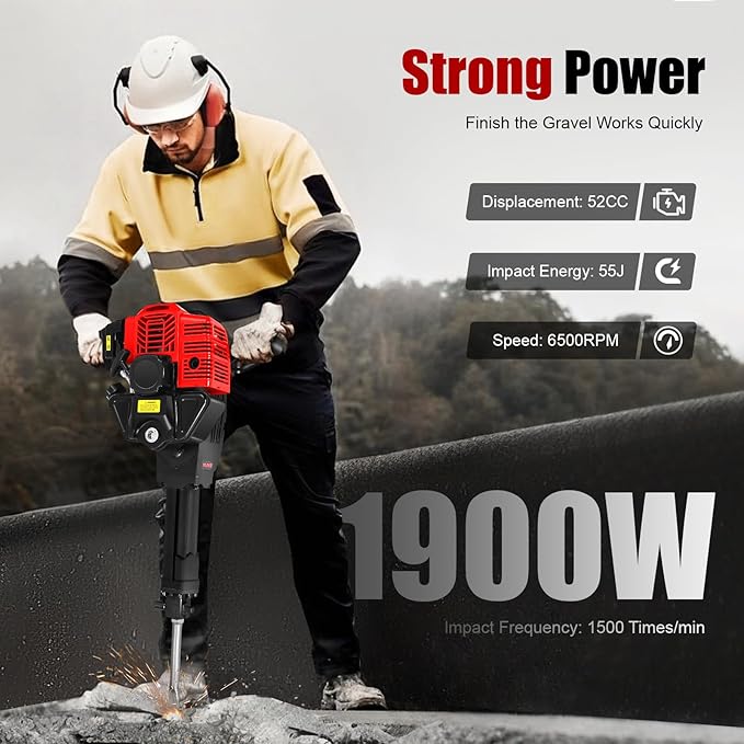 Gas Demolition Jack Hammer 55CC 2 Stroke Gasoline Concrete Breaker Punch Drill Breaker Drilling Machine 1900W 6500RPM, for Trenching Chipping Breaking Holes, with Pointed Flat Pickaxes