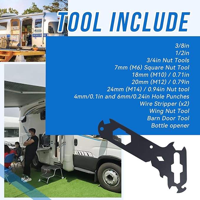 Multitool(14-In-1 Separate Tools) Including Wing Nut,Wire Strippers,Bottle Opener,Stagehand Tool for RV Cars Ships(4mm hardened steel)