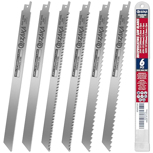 6 Pack Reciprocating Saw Blades for Frozen Meat, Bone, Fish, Ice - 12"(300mm)/1.2mm - 3TPI x 2pcs, 8TPI x 2pcs, 10TPI x 2 pcs - Stainless Steel Sawzal Blades with Storage Box