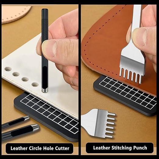 12 Pieces Leather Stitching Punch Circle Hole Cutter Tools Set, 4mm 1/2/4/6 Prong Punch Leather Chisel and 7 Pcs Circle Cutter Tools for DIY Leathercrafts, Belt, Watch Band, Strap
