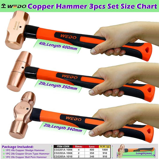 WEDO 3PCS Copper Hammer Set with Fiberglass Handle,4lb Sledge Hammer,2lb Drum Type Hammer,2lb Ball Pein Hammer,Die-Forge,Corrosion Resistant