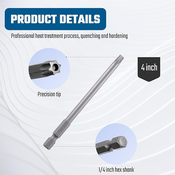 Security Torx Bit Set 11PCS 1/4 Inch Hex Shank 4 Inch/100 mm Length S2 Steel Extended Tamper Proof Star Bit Set with Magnetic for Power Screwdriver Drill Impact Driver