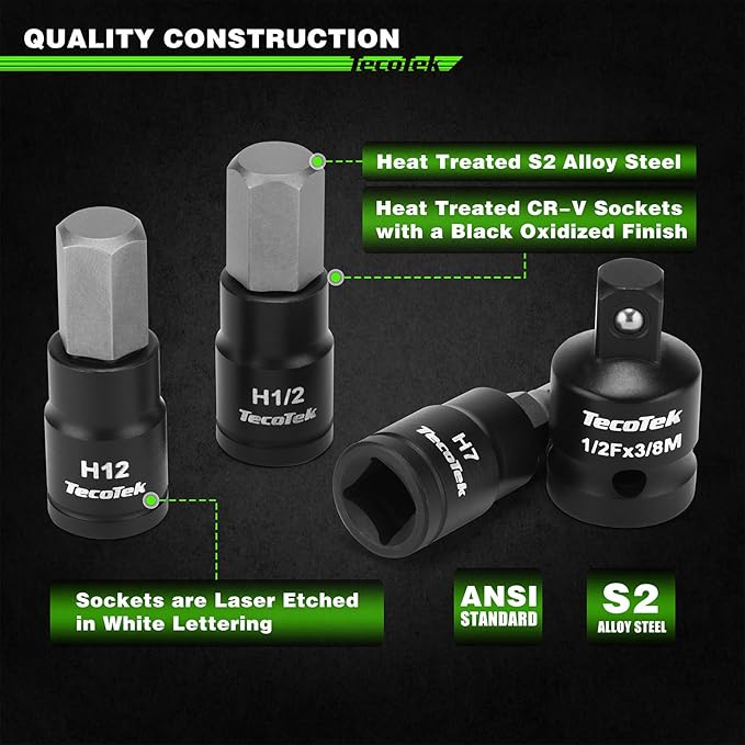 38PCS Hex Bit Socket Set, 1/4", 3/8" and 1/2" Drive, SAE and Metric Allen Socket Bit, S2 and Cr-V Steel, S2 Steel, 5/64" - 3/4", 2mm - 19mm, Includes 5PCS Socket Adapters