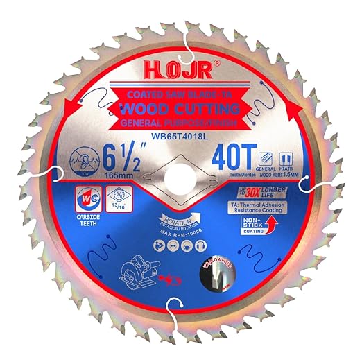 Circular Saw Blade Woodworking TA Series, 6-1/2" 40-Tooth, Arbor 5/8" with Diamond Knock-Out, Fine Finish Wood Cutting,Special Anti-Thermal Adhesion Coating on Cutting Head -TA, 6-1/2" 40T TA