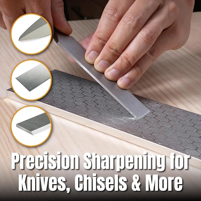 POWERTEC Diamond Sharpening Stone, 600/1000 Dual Grit Diamond Knife Sharpener, 8 inch Honing Stone with Non-Slip Base for Pocket Knife, Scissor, Chisels, Blades, Woodworking (72247)