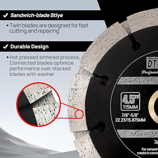DT-DIATOOL Sandwich Tuck Point Blade - 4-1/2 Inch Mortar Raking Crack Chaser Dual Diamond Blade 7/8"-5/8" Arbor for Mortar Removal,Grout Concrete Asphalt Surfaces Repair,Masonry Brick Stone Cutting