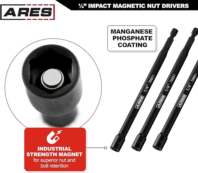 ARES 27008-3-Piece 1/4-Inch Magnetic Impact Nut Driver Bit Set - 6-Inch Length - Impact Grade Nut Setters with Industrial Strength Magnets