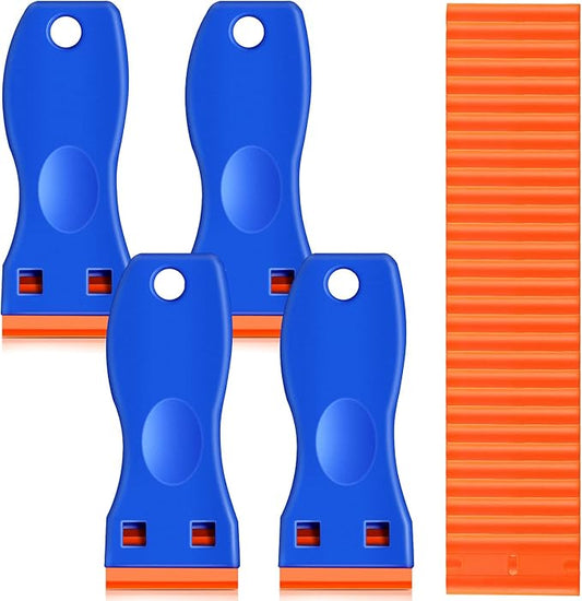 Plastic Razor Blade Scraper, 4 Pieces Scraper Tools with 100 Pieces Plastic Blades for Gasket Remover, Stickers, Decals, Adhesive, Labels, Paint, Glass, Car, Windows