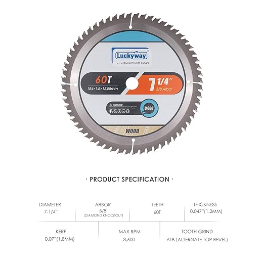 Luckyway 7-1/4 Inch Circular Saw Blade 60T Finish with 5/8 Inch Arbor TCT (Tungsten Carbide Tipped) Saw Blade for Cutting Wood
