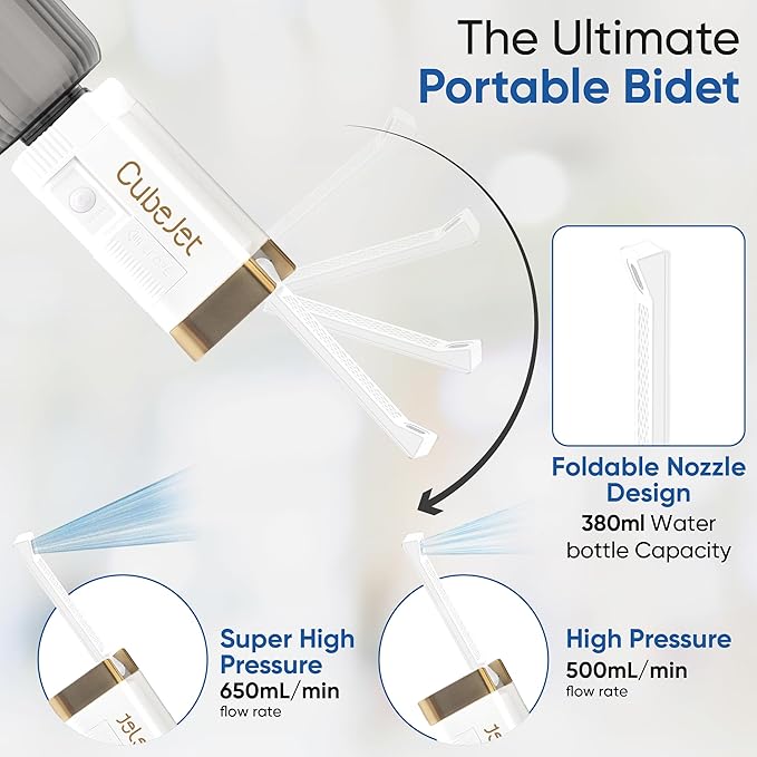 BIDET BUDDY짰 CubeJet Portable Bidet | Rechargeable Electric Travel Bidet for Travel, Camping & Home | Ultra High Pressure USB-C Hygiene Device with Seat-Bidet-Level Cleaning Power - Gold