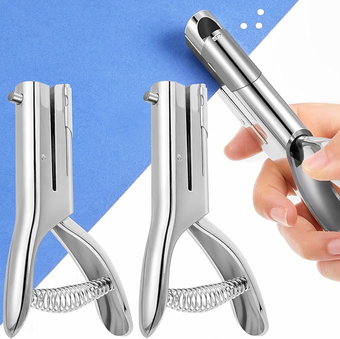 Chumia 2 Pcs Heavy Duty Hole Punch 2" Long Reach 1/8 Inch Paper Single One Hole Puncher Deep Throat Reduced Effort Hand Held Alloy Punch for ID PVC Cards 5 Inch Tall 25 Sheet Capacity