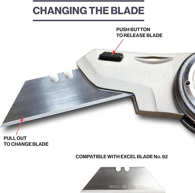 Excel Blades Revo Folding Utility Knife ??Heavy-Duty Box Cutter with Aluminum Body, Quick-Change #92 Blades, 3 Lock Positions Design, Anti-Slip Finger Loop Grip, Holster Included ??Grey