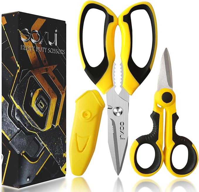 8-Inch Heavy Duty Scissors ??Ultra Sharp Stainless Steel Shears with Serrated Edge & Protective Cover, Ideal for Cardboard, Wire, Fabric & More (Yellow)